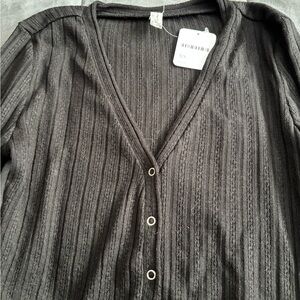 Free People Black Ribbed Cardigan with Button Detail